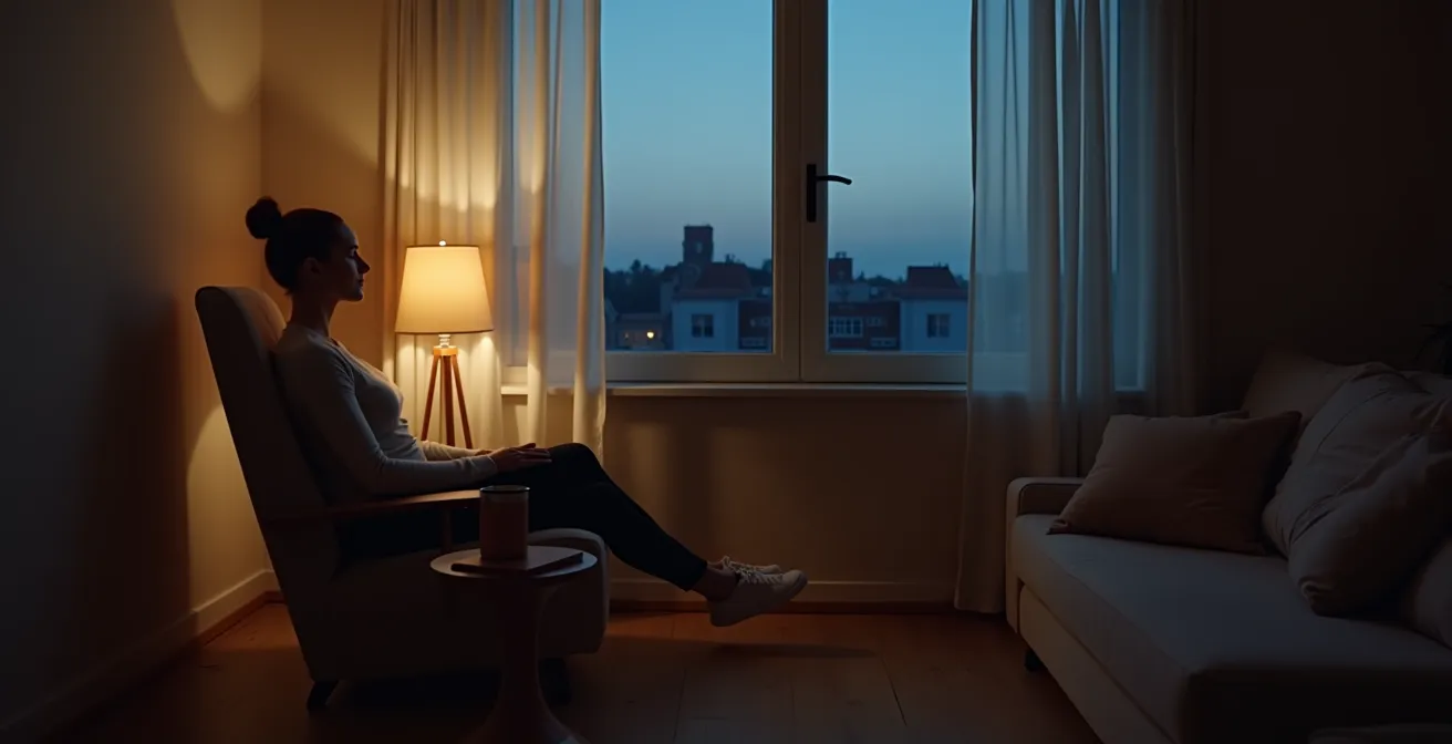 Eine Person in entspannter Position, die progressive Muskelentspannung im halbdunklen Wohnzimmer vor dem Schlafengehen übt.