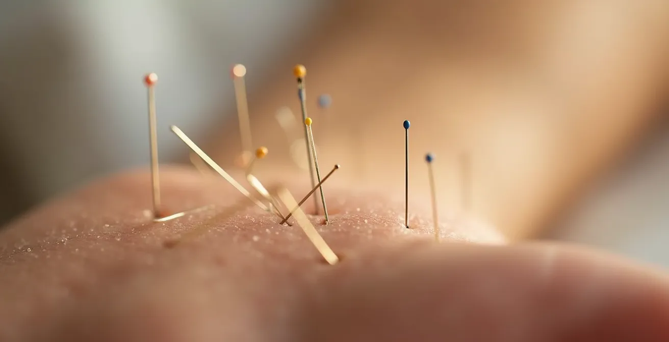 Nahaufnahme von Akupunkturnadeln an therapeutischen Punkten, in warm-entspanntem Licht, mit Fokus auf Heilung und Erleichterung