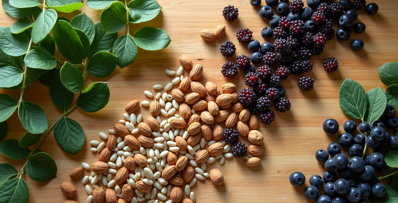 Stillleben mit deutschen Superfoods wie Leinsamen, Sanddorn, Johannisbeeren, Grünkohl und Walnüssen auf rustikalem Untergrund