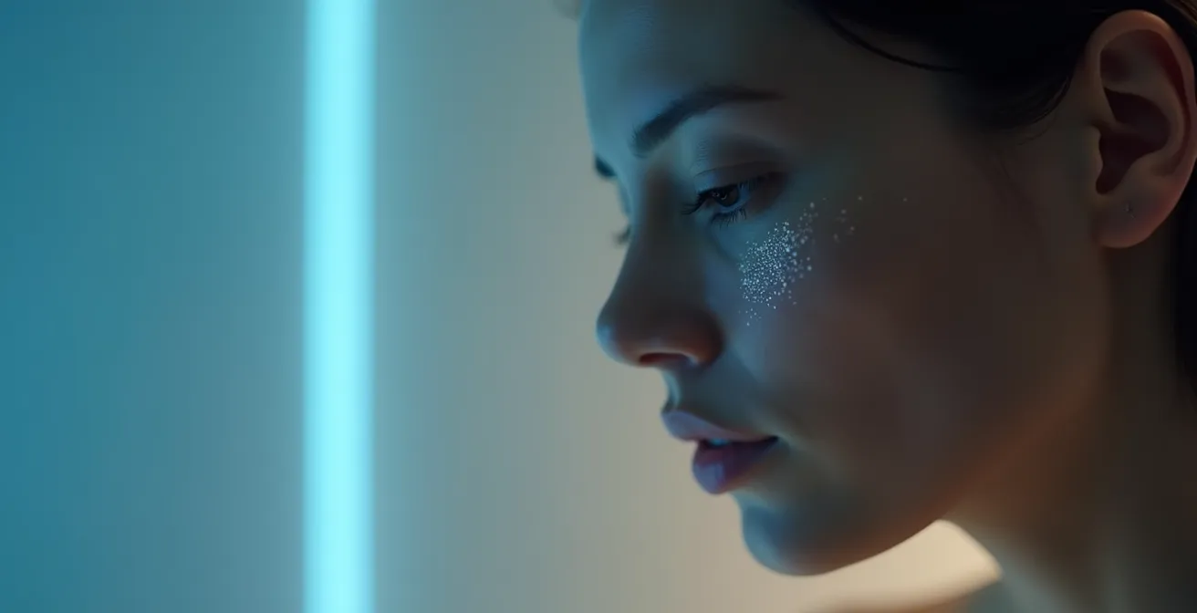 Visualisierung von Blaulicht, das auf die Hautoberfläche trifft, mit inneren Schutzmechanismen durch Antioxidantien, zeigt freie Radikale und Abwehrsysteme