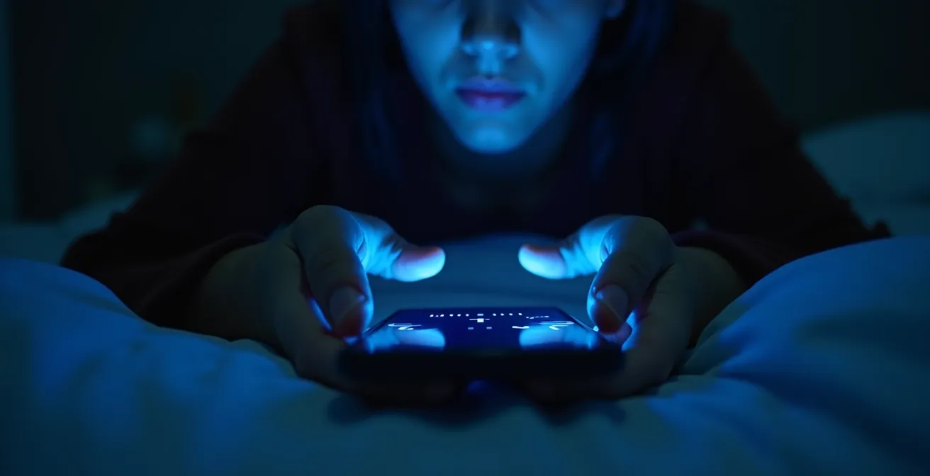 Nahaufnahme: Hände halten einen Smartphone-Bildschirm in einem dunklen Schlafzimmer, wobei das blaue Licht als Stressor wirkt.