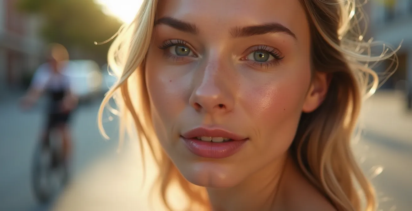 Nahaufnahme eines subtilen, frischen Make-up Looks mit minimalem Coverage, ideal für den deutschen Fahrrad-Alltag, mit leicht geröteten Wangen und glänzender Haut