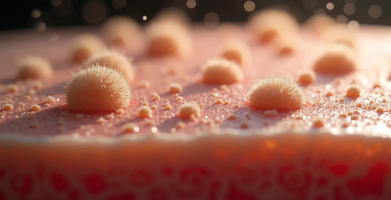 Makrofotografie von Feinstaubpartikeln auf der Hautoberfläche, die die Eindringung und Entzündungsreaktion zeigt, mit mikroskopischer Detailgenauigkeit und subtiler Farbpalette