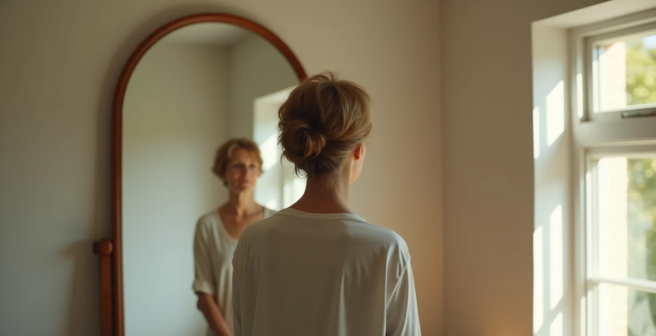Eine Frau mittleren Alters betrachtet ihr Spiegelbild mit Selbstannahme, Kraft und innerer Ruhe – verkörpert inneres Vertrauen