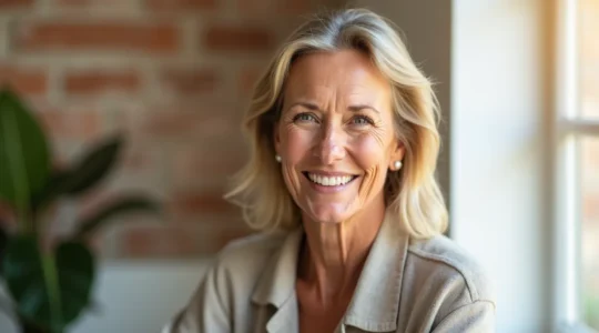 Porträt einer selbstbewussten Frau mittleren Alters in einem modernen, hellen Raum, die gesundes Altern und Vitalität ausstrahlt