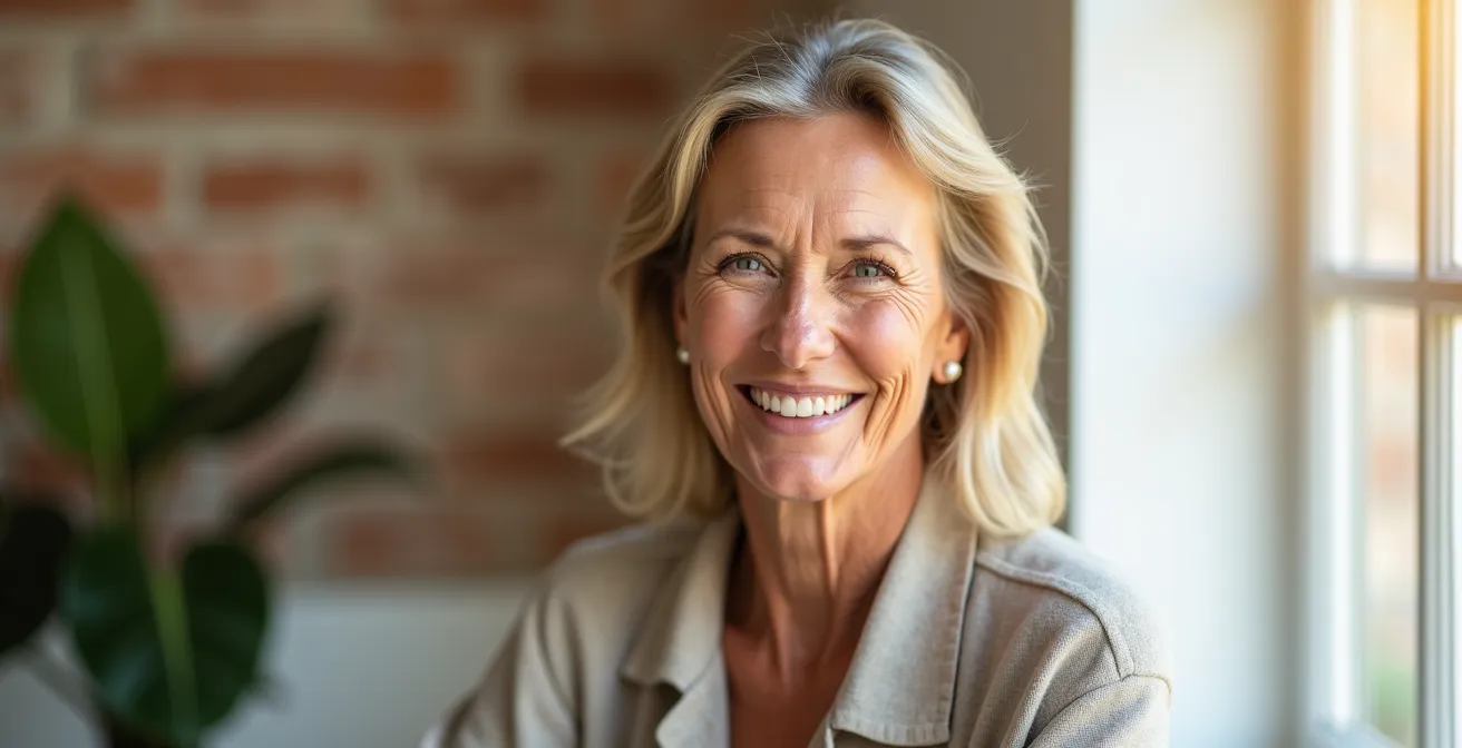 Porträt einer selbstbewussten Frau mittleren Alters in einem modernen, hellen Raum, die gesundes Altern und Vitalität ausstrahlt