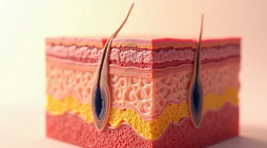 Detaillierte Nahaufnahme der Hautstruktur, die die mehrschichtige Schutzarchitektur zeigt, mit sanftem Licht, das die feinen Linien und die Hautoberfläche hervorhebt