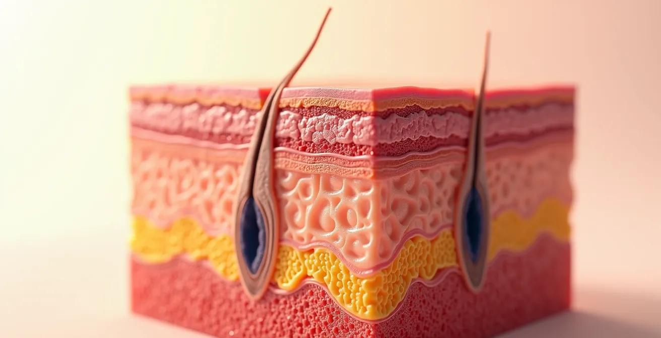 Detaillierte Nahaufnahme der Hautstruktur, die die mehrschichtige Schutzarchitektur zeigt, mit sanftem Licht, das die feinen Linien und die Hautoberfläche hervorhebt