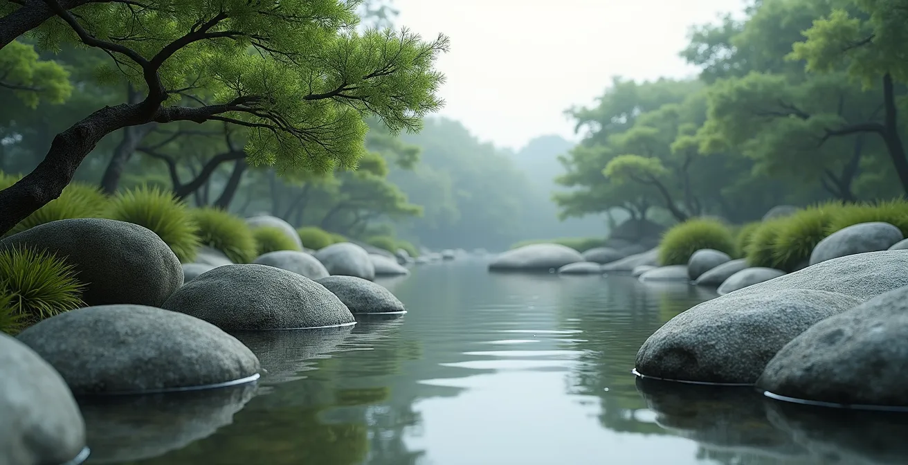 Künstlerische Darstellung des Zyklus-Regenerationsprozesses nach Pillenabsatz, mit natürlichen Elementen wie Pflanzenwachstum, Wasser und Licht, die Heilung und Normalisierung symbolisieren.