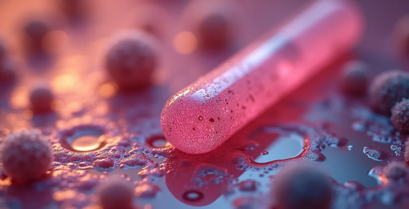 Nahaufnahme eines HPV-Labortests mit abstrakten Virenpartikeln und medizinischen Symbolen