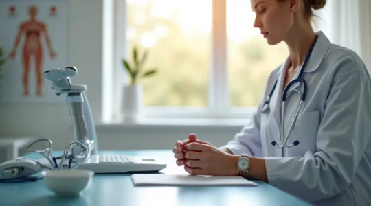 Eine professionelle, ruhige Szene einer Frauenärztin bei einer gynäkologischen Untersuchung in einem modernen deutschen Klinikzimmer, die medizinische Kompetenz und Selbstbestimmung ausstrahlt.