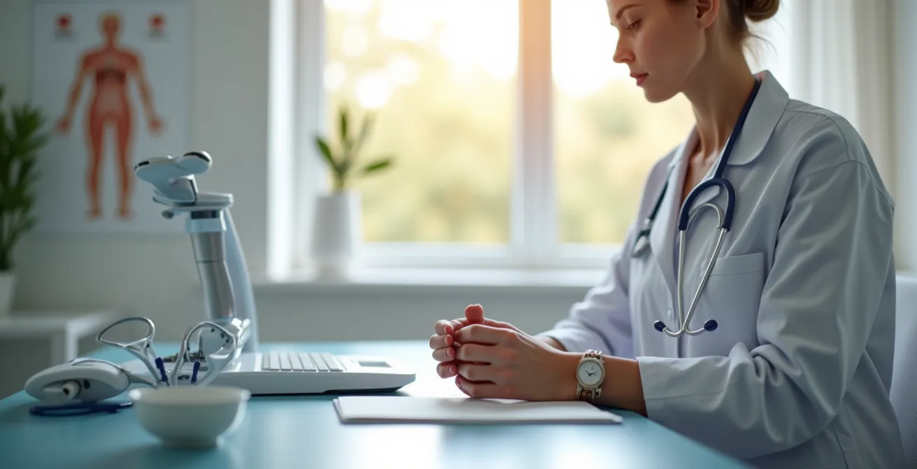 Eine professionelle, ruhige Szene einer Frauenärztin bei einer gynäkologischen Untersuchung in einem modernen deutschen Klinikzimmer, die medizinische Kompetenz und Selbstbestimmung ausstrahlt.