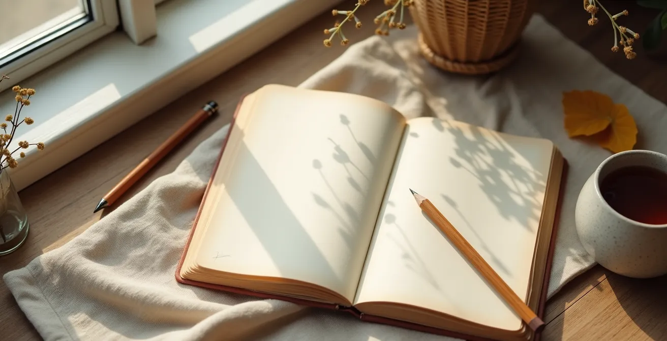 Umgebungs- und minimalistische Fotografie mit Schreibwerkzeugen, Papier und natürlichen Elementen, die Selbstreflexion und Klarheit darstellt