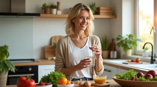 Eine Frau mittleren Alters in ihrer gemütlichen, hellen Küche, umgeben von frischen biologischen Lebensmitteln wie Grünkohl, Beeren, Nüssen und Vollkornprodukten. Sie lächelt vertrauensvoll und hält in einer Hand ein Glas Wasser aus einem professionellen Wasserfilterglas. Warmes Tageslicht streicht durch ein großes Fenster. Die Szene vermittelt Gesundheit, Natürlichkeit und Hoffnung.