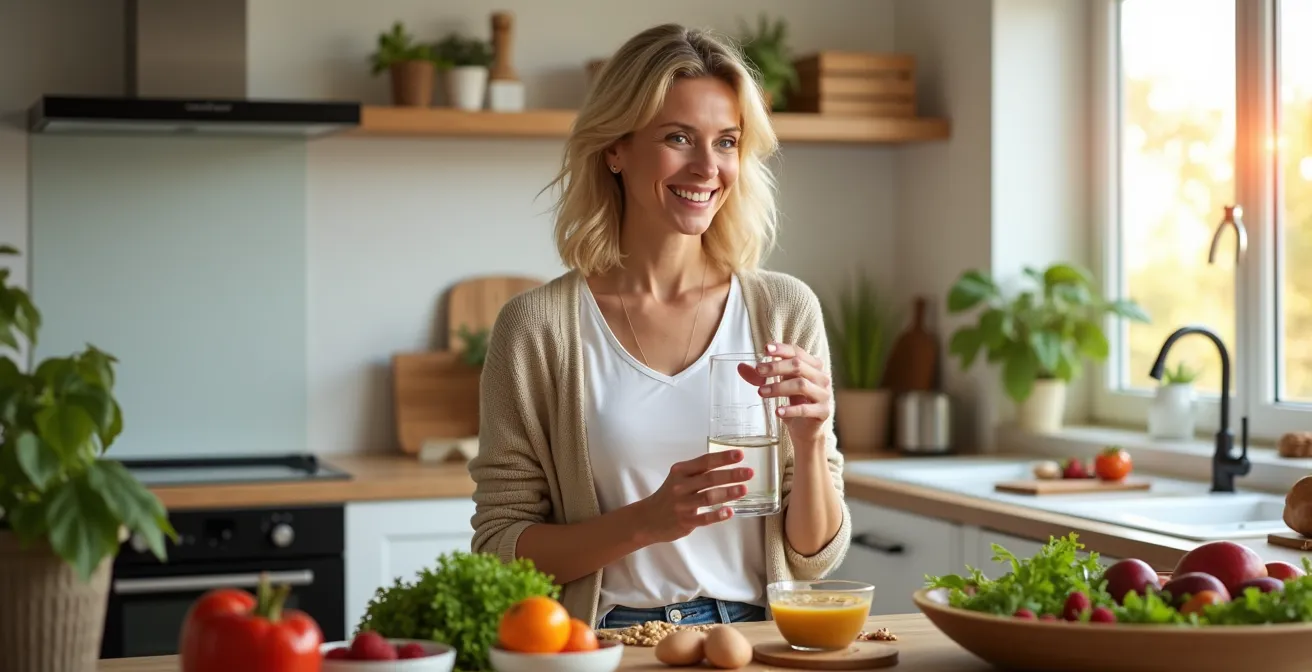 Eine Frau mittleren Alters in ihrer gemütlichen, hellen Küche, umgeben von frischen biologischen Lebensmitteln wie Grünkohl, Beeren, Nüssen und Vollkornprodukten. Sie lächelt vertrauensvoll und hält in einer Hand ein Glas Wasser aus einem professionellen Wasserfilterglas. Warmes Tageslicht streicht durch ein großes Fenster. Die Szene vermittelt Gesundheit, Natürlichkeit und Hoffnung.