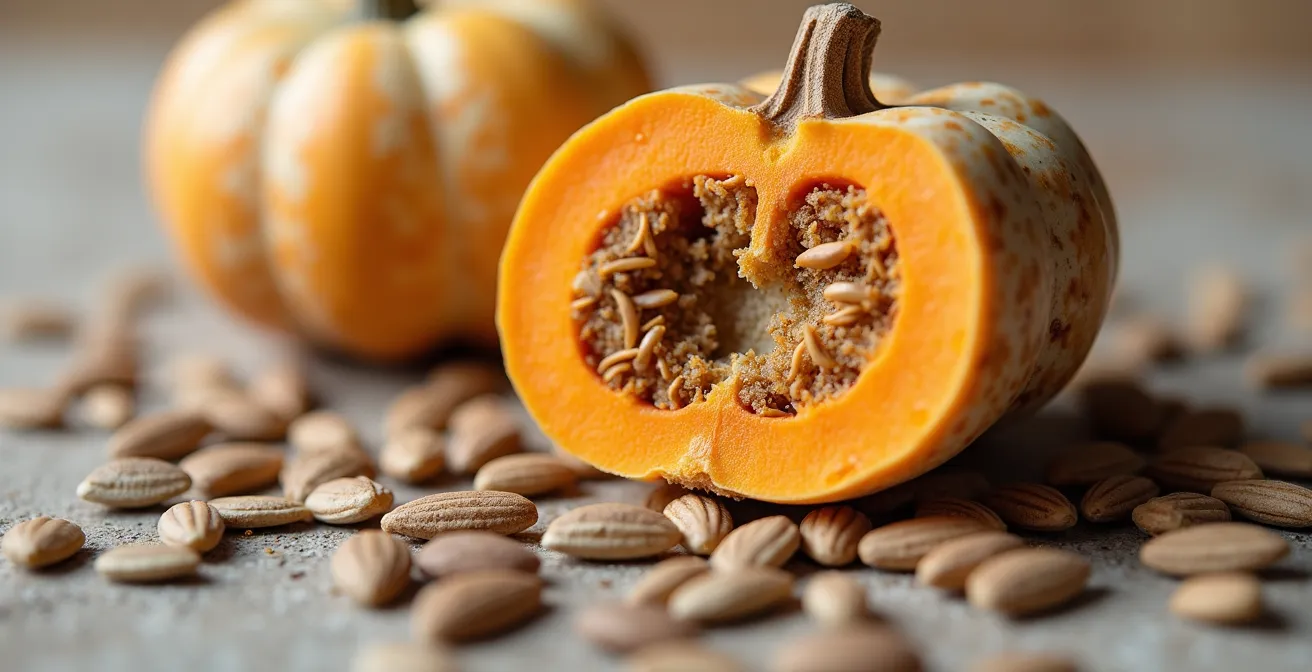 Eine extreme Makrofotografie eines Kürbiskernauszugs mit glänzenden Mineralien und Strukturen, umgeben von frischen rohen Kürbiskernen, Leinsamen und anderen Nährstoffquellen. Texturfotografie zeigt Details von Zinkquellen und Omega-3-haltigen Lebensmitteln in abstrakter Komposition.