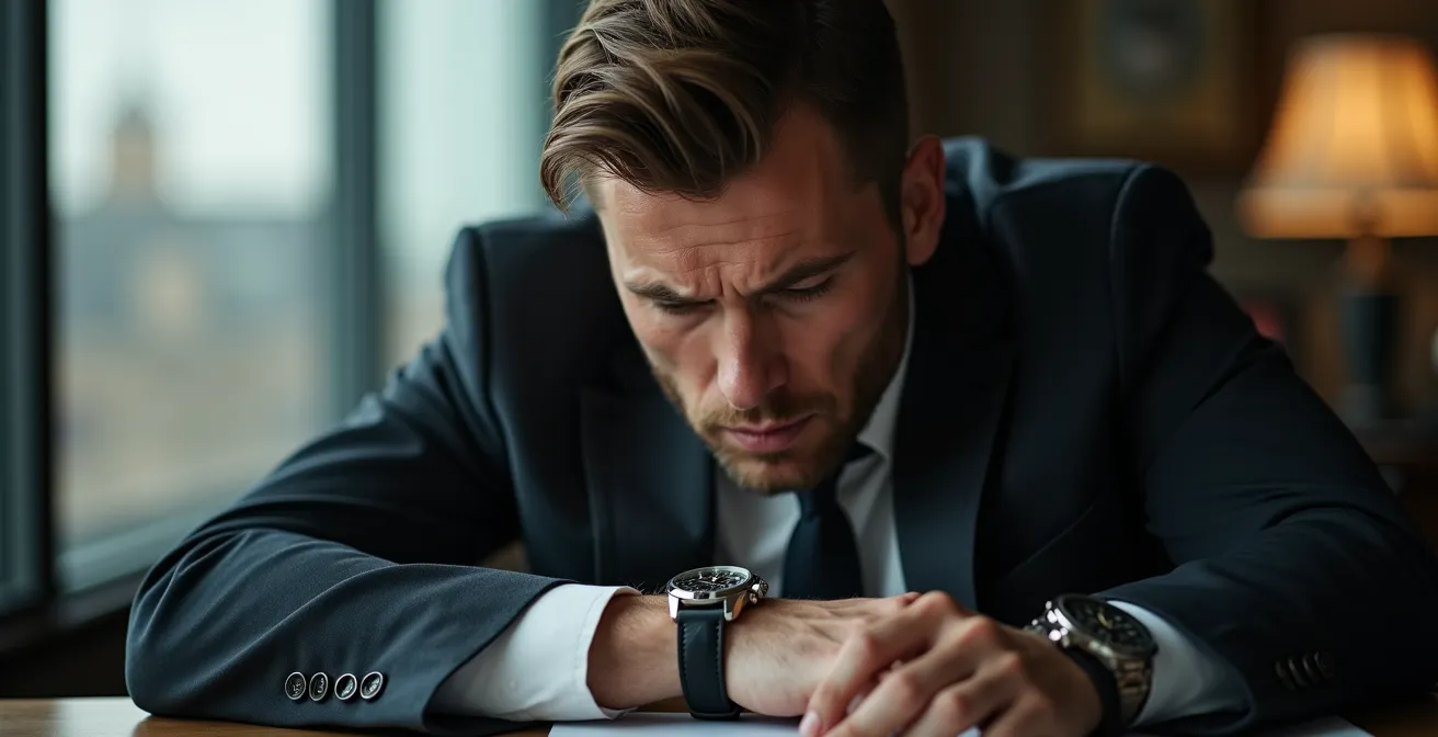 Ein erfolgreicher Manager in einem eleganten Büro, umgeben von Statussymbolen (Uhr, Auto sichtbar durch das Fenster), aber mit versteinertem Gesichtsausdruck