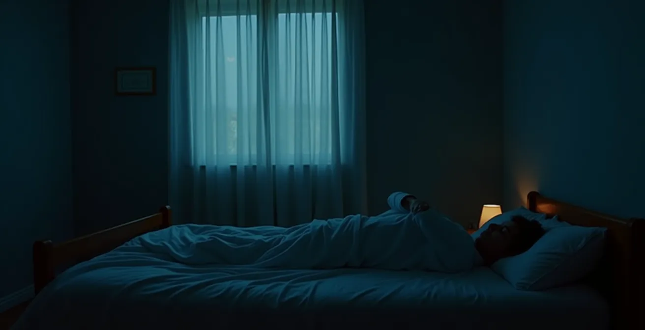 Nächtliche Szene mit Person im Bett, die Gedankenmuster und innere Unruhe durch subtile visuelle Metaphern zeigt