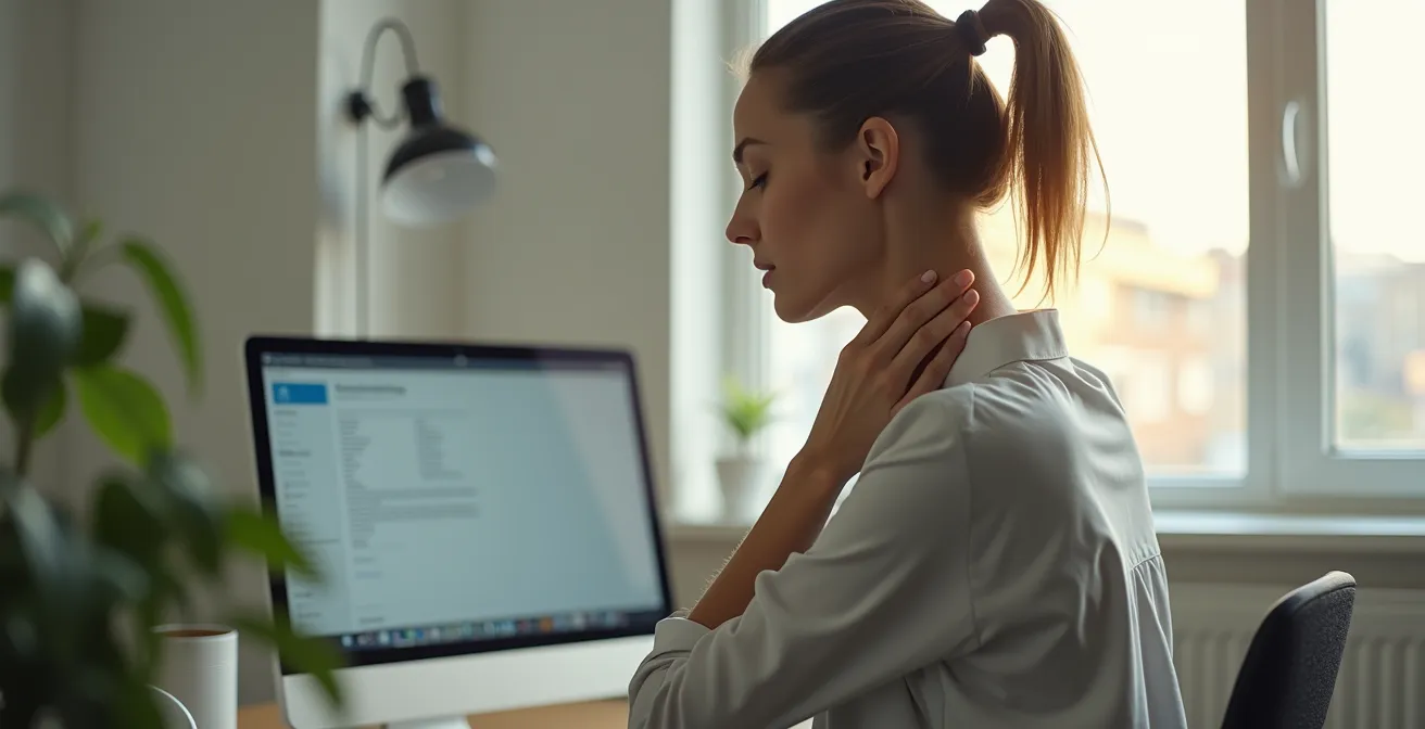 Eine Frau sitzt aufrecht am Schreibtisch und massiert ihren eigenen Nacken mit beiden Händen, entspannte Mimik, modernes Büro-Setting mit Laptop, natürliches Tageslicht