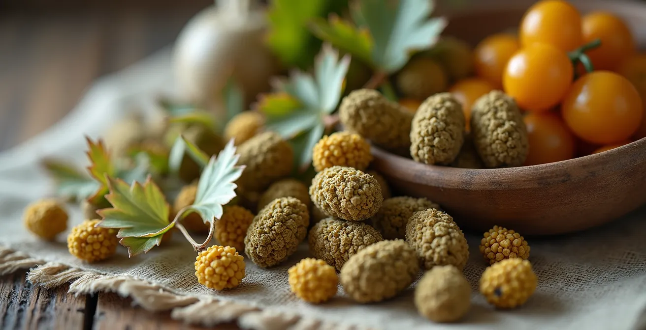 Nahaufnahme von getrockneten Heilpflanzen und natürlichen Kräutern auf einer rustikalen Oberfläche