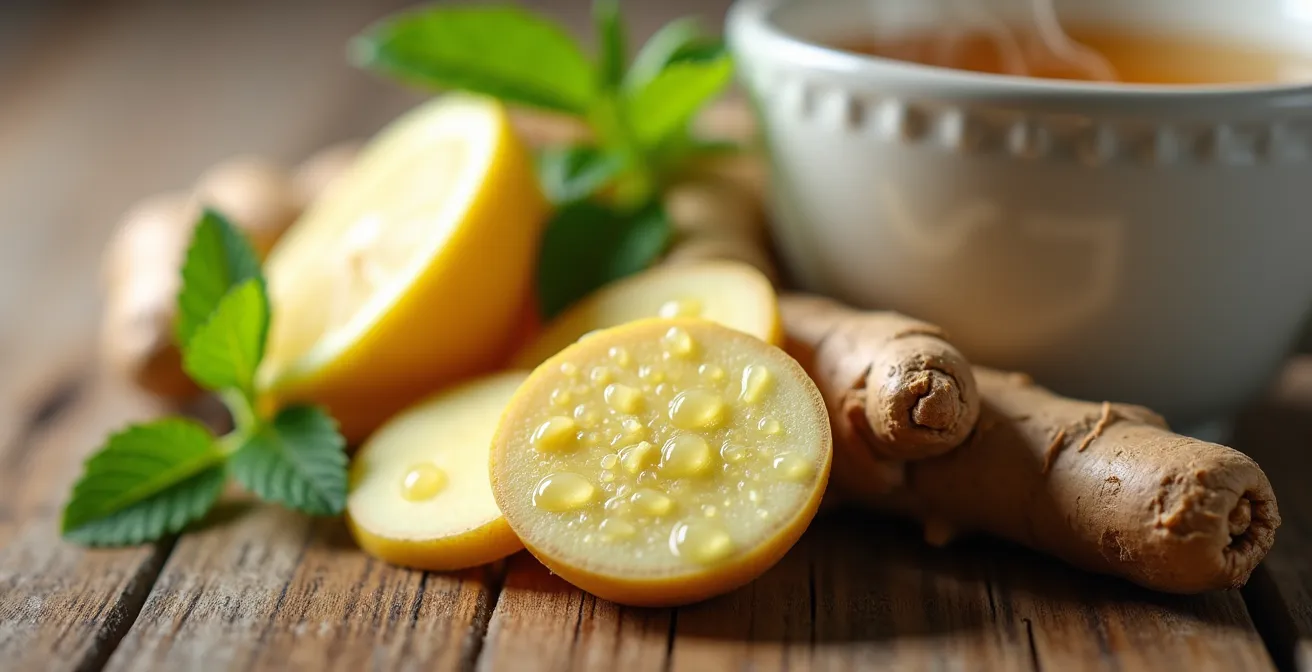 Arrangement von natürlichen Heilmitteln gegen Übelkeit: frischer Ingwer, Zitrone und Teekanne in warmem Licht
