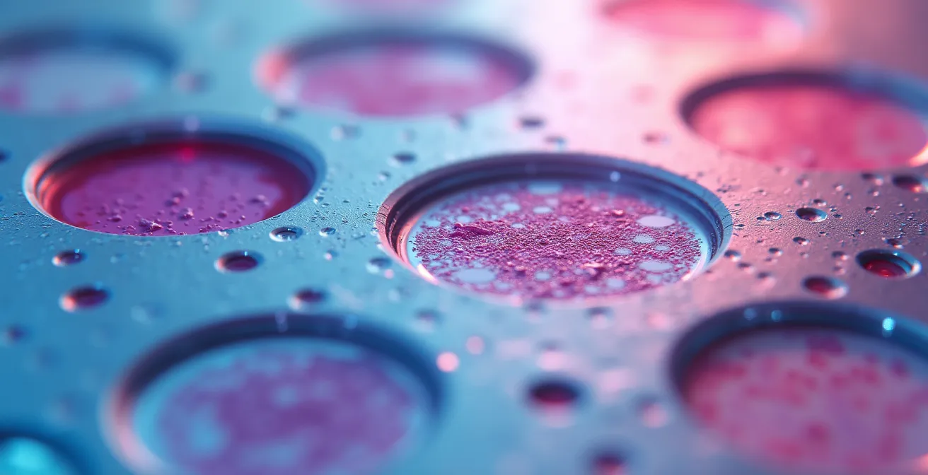 Makroaufnahme: Laborschliffe mit verschiedenfarbigen Zellstrukturen, die unterschiedliche Pap-Befunde symbolisieren – normale Zellen, leichte Veränderungen, Dysplasien – in medizinisch-sachlicher Ästhetik.