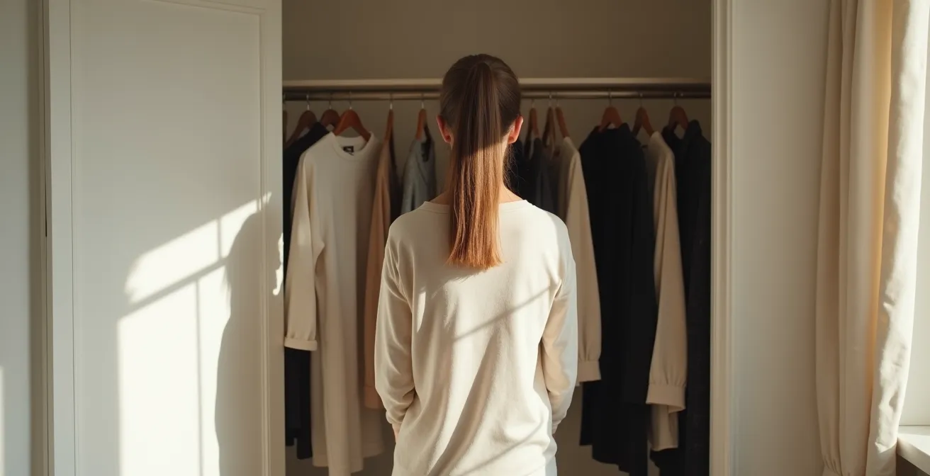 Eine Frau vor einem offenen Kleiderschrank mit nur wenigen, hochwertigen, neutral gefärbten Kleidungsstücken, die harmonisch miteinander kombinierbar sind
