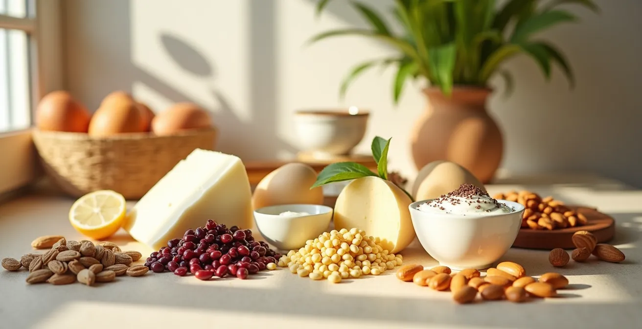 Fotografie von deutschen Proteinquellen wie Magerquark, Skyr, Eiern, Linsen und Nüssen auf einer hellen Oberfläche