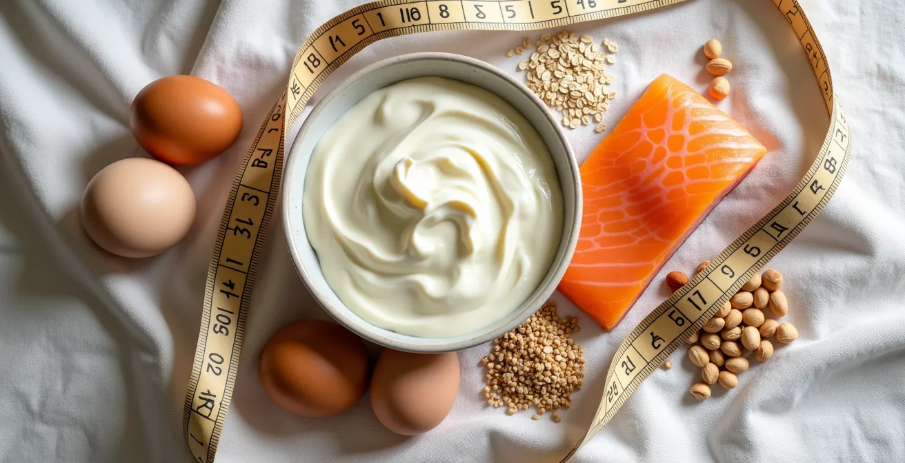 Sammlung von proteinreichen deutschen Lebensmitteln: Magerquark, Fisch, Eier, Hafer – kunstvoll arrangiert