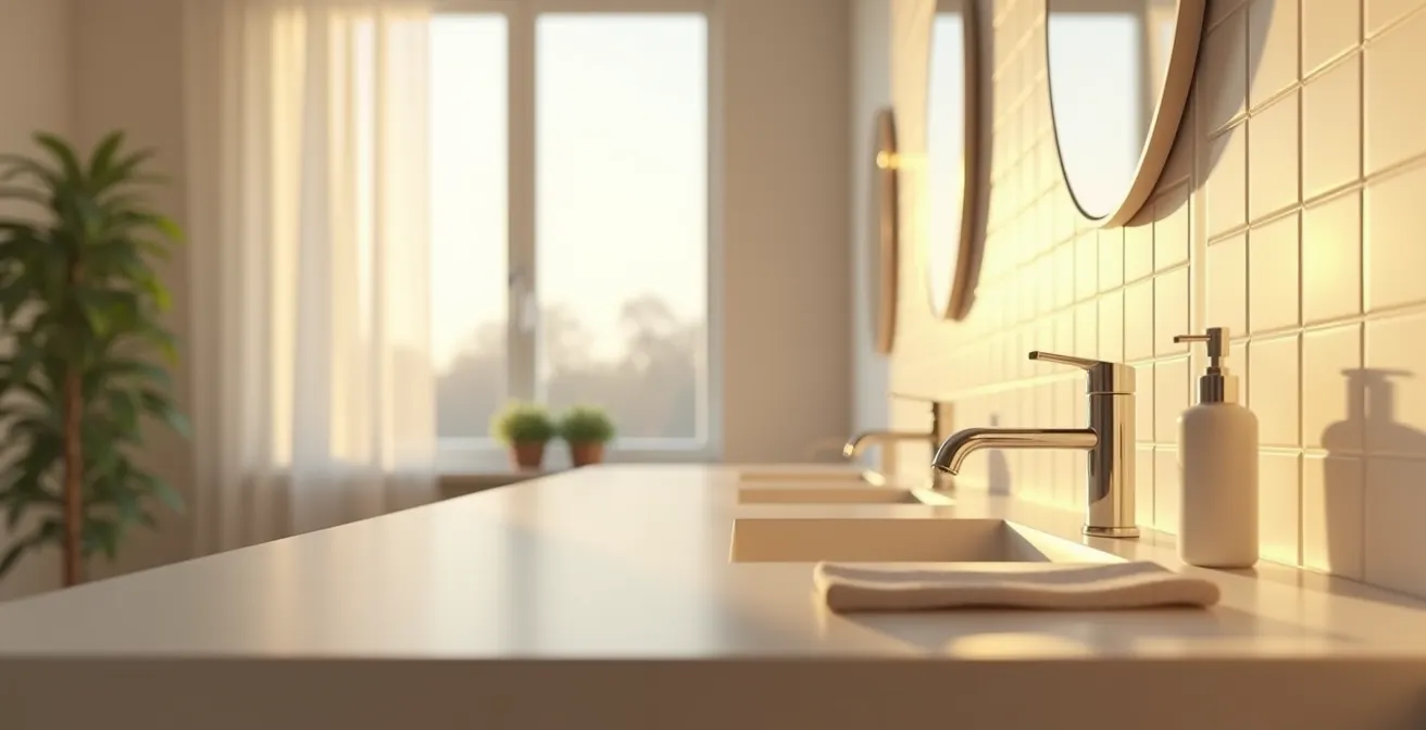 Split-Screen-Darstellung einer Morgenroutine mit Sonnenlicht (linke Seite) und einer Abendroutine mit warmem Licht (rechte Seite), jeweils mit minimalistischen Produkten.