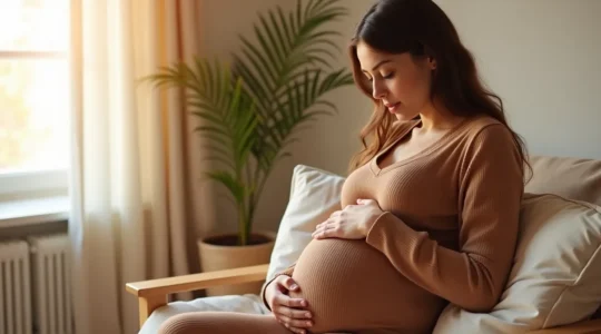 Schwangere Frau im dritten Trimester in gemütlicher, natürlicher Umgebung mit Blick auf deutschlandtypische Landschaft