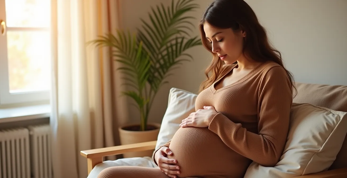 Schwangere Frau im dritten Trimester in gemütlicher, natürlicher Umgebung mit Blick auf deutschlandtypische Landschaft