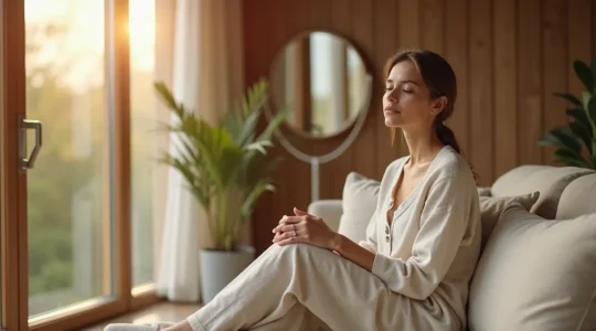 Eine ruhige Frau in neutralen Tönen, die in sich selbst ruht, mit subtilen deutschen Architektur-Elementen im Hintergrund