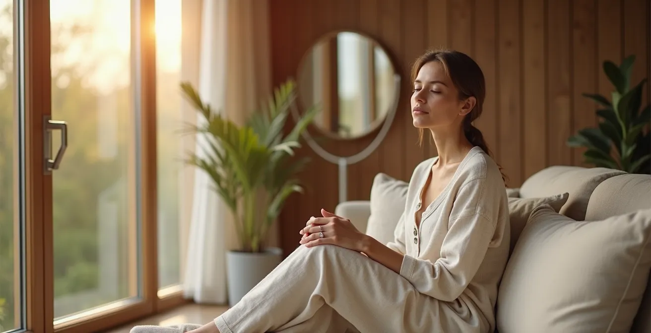 Eine ruhige Frau in neutralen Tönen, die in sich selbst ruht, mit subtilen deutschen Architektur-Elementen im Hintergrund