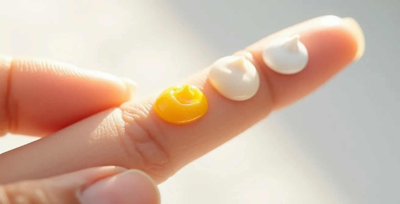 Detaillierte Nahaufnahme zweier Finger, die die richtige Menge Sonnencreme für die Gesichtsanwendung zeigen, mit verschiedenen Texturen von flüssig bis creme.