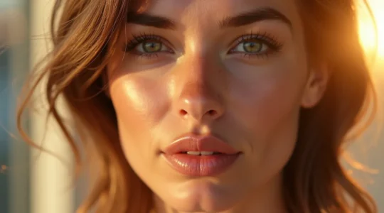 Nahaufnahme eines weiblichen Gesichts mit makelloser Haut, das die Auswirkungen von täglichem Sonnenschutz und Anti-Aging-Pflege zeigt, mit natürlichem Licht und minimalistischem Hintergrund.