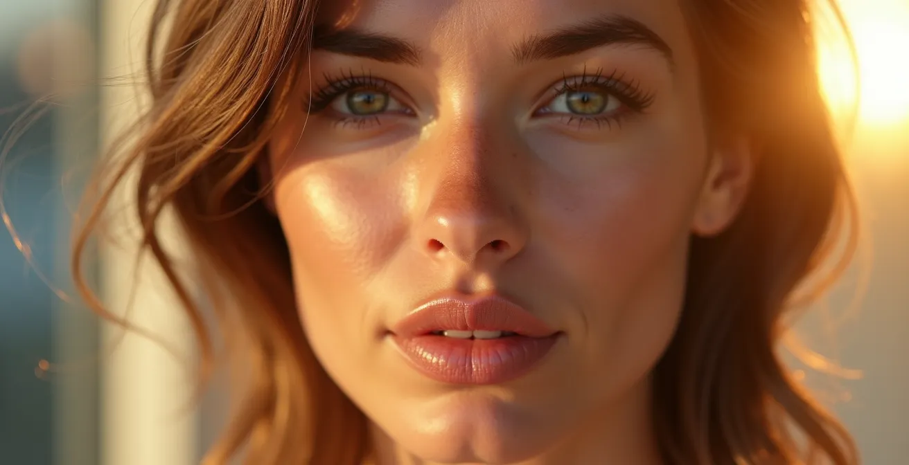 Nahaufnahme eines weiblichen Gesichts mit makelloser Haut, das die Auswirkungen von täglichem Sonnenschutz und Anti-Aging-Pflege zeigt, mit natürlichem Licht und minimalistischem Hintergrund.