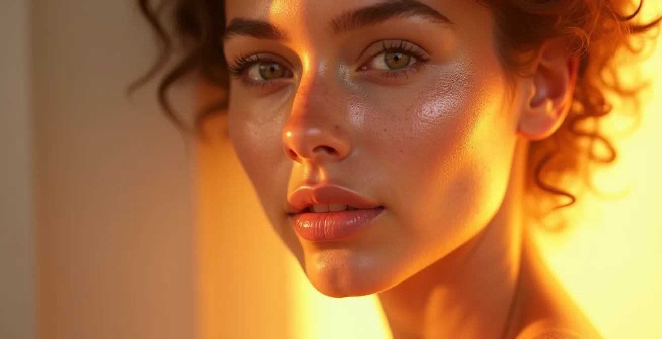 Nahaufnahme einer strahlenden, leuchtenden Haut mit natürlichem Glow, die Gesundheit und Vitalität ausstrahlt