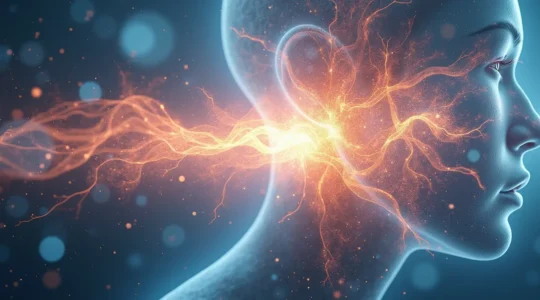 Abstrakte visuelle Darstellung eines menschlichen Nervensystems in Transformation vom angespannten zum entspannten Zustand durch fließende, organische Formen und subtile Farbübergänge von Rot zu Blau