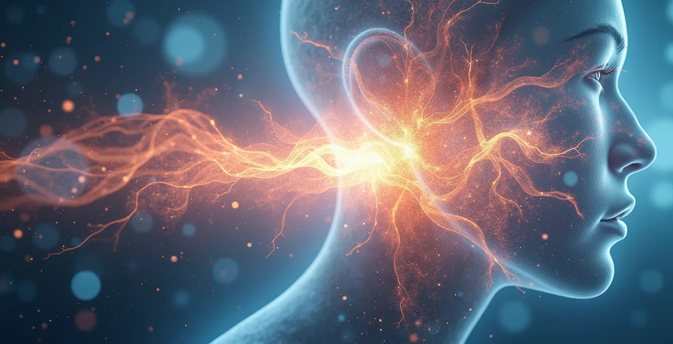 Abstrakte visuelle Darstellung eines menschlichen Nervensystems in Transformation vom angespannten zum entspannten Zustand durch fließende, organische Formen und subtile Farbübergänge von Rot zu Blau