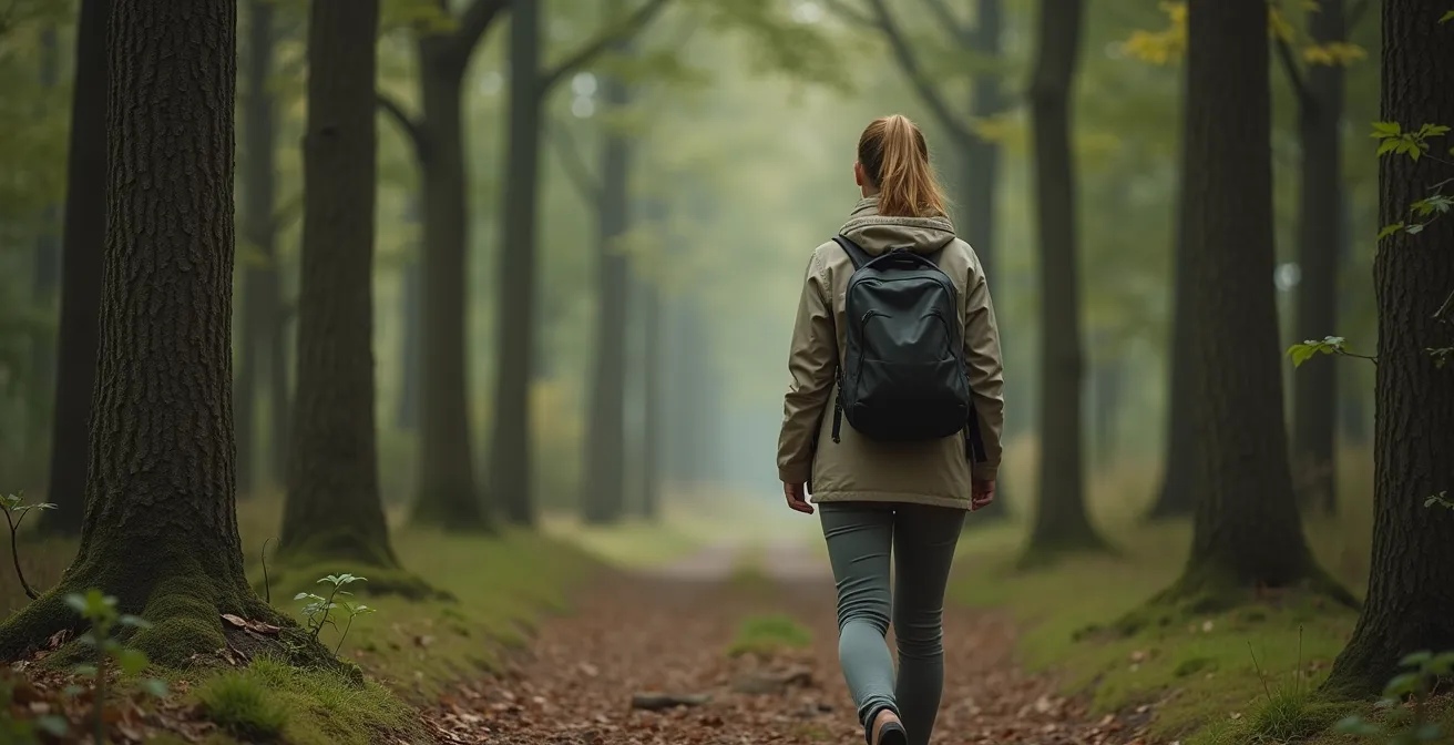 Eine Frau in einem deutschen Wald, die achtsam die Natur wahrnimmt und Entspannung findet