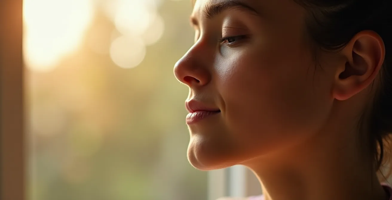 Detaillierte Close-up Aufnahme eines Menschen im tiefster Entspannung, die verlängerte Ausatmung durch visuelle Bewegung des Atems zeigt