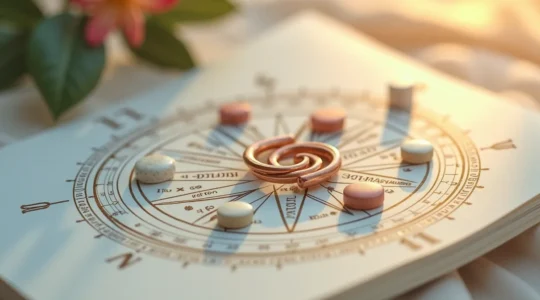 Abstrakte Darstellung eines Kompasses mit verschiedenen Verhütungsmethoden, die in unterschiedliche Lebensphasen und persönliche Bedürfnisse weisen, symbolisiert Selbstbestimmung und Wahlfreiheit.