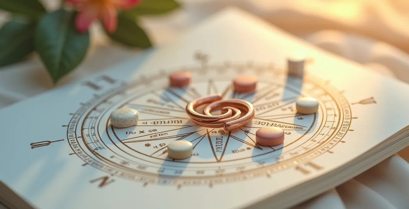 Abstrakte Darstellung eines Kompasses mit verschiedenen Verhütungsmethoden, die in unterschiedliche Lebensphasen und persönliche Bedürfnisse weisen, symbolisiert Selbstbestimmung und Wahlfreiheit.