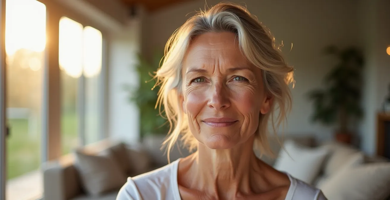 Eine reife Frau in voller Kraft und Ausstrahlung, die innere Balance und Wohlbefinden ausstrahlt