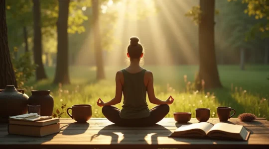 Eine ruhige, harmonische Szene, die inneres Gleichgewicht und Verbindung zur Natur symbolisiert mit subtilen deutschen Elementen