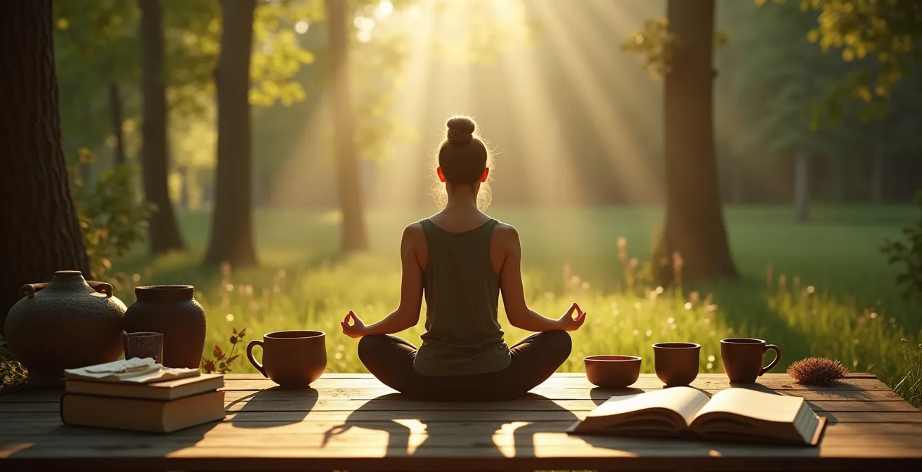 Eine ruhige, harmonische Szene, die inneres Gleichgewicht und Verbindung zur Natur symbolisiert mit subtilen deutschen Elementen