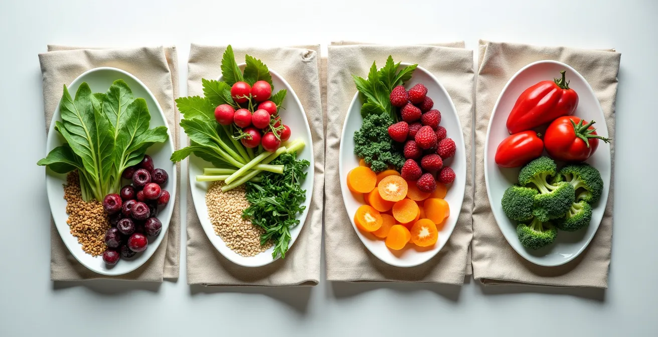 Eine vierteilige Kompositions-Overhead-Aufnahme zeigt saisonale deutsche Lebensmittel arrangiert für vier Zyklusphasen: Frühling (Spargel, Radieschen, Sprossen), Sommer (Beeren, Blattgemüse), Herbst (Kürbis, Grünkohl), Winter (Wurzelgemüse, Lagergetreidebrot). Jede Phase wird mit Tellern, Schüsseln und direktem Oberlicht in sanften Herbsttönen fotografiert.