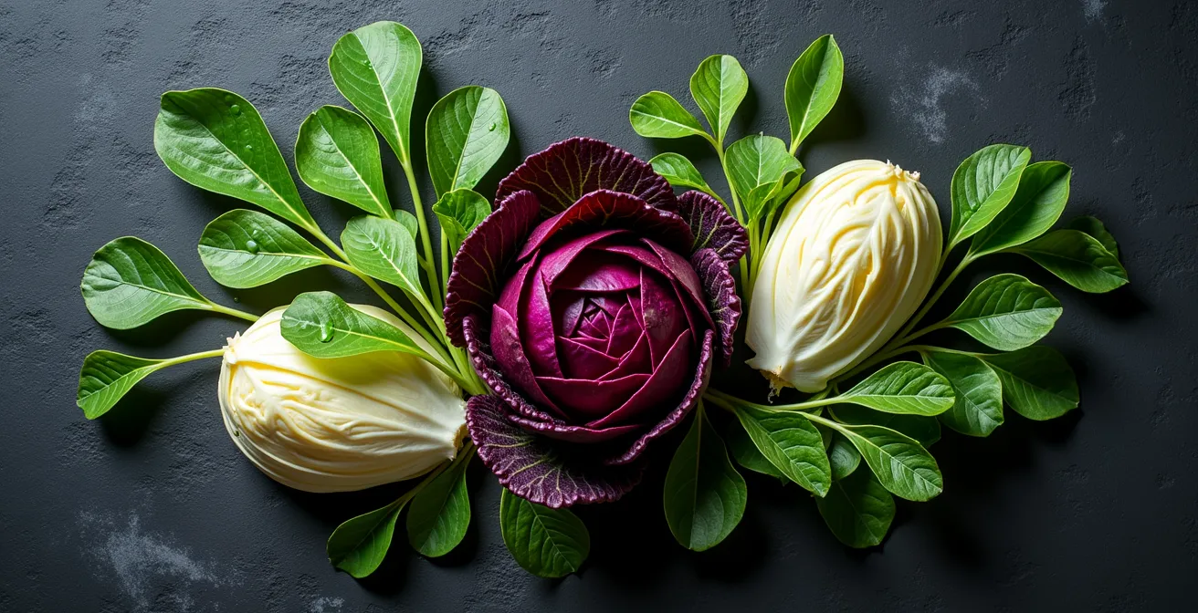 Chicorée und Radicchio kunstvoll auf dunklem Untergrund arrangiert