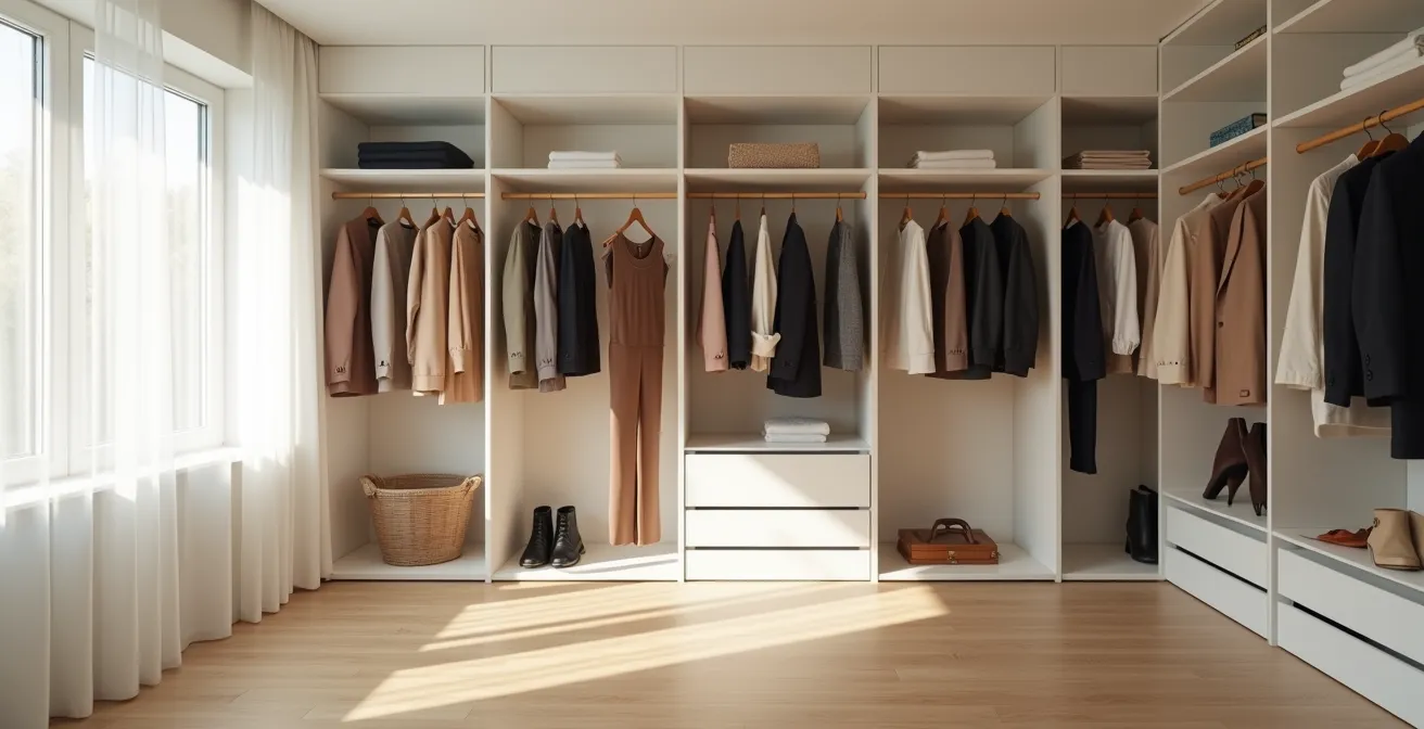 Eine minimalistisch organisierte Garderobe nach dem Capsule Wardrobe Konzept, die in sanftem Licht erstrahlt.